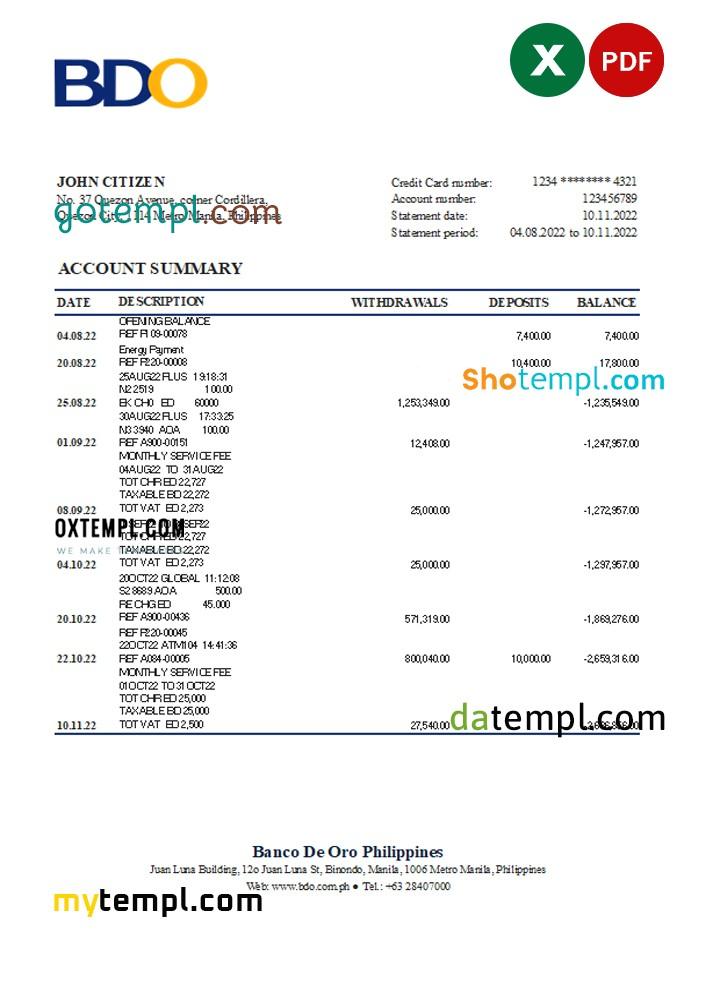 Philippines BDO bank statement Excel and PDF fake template 