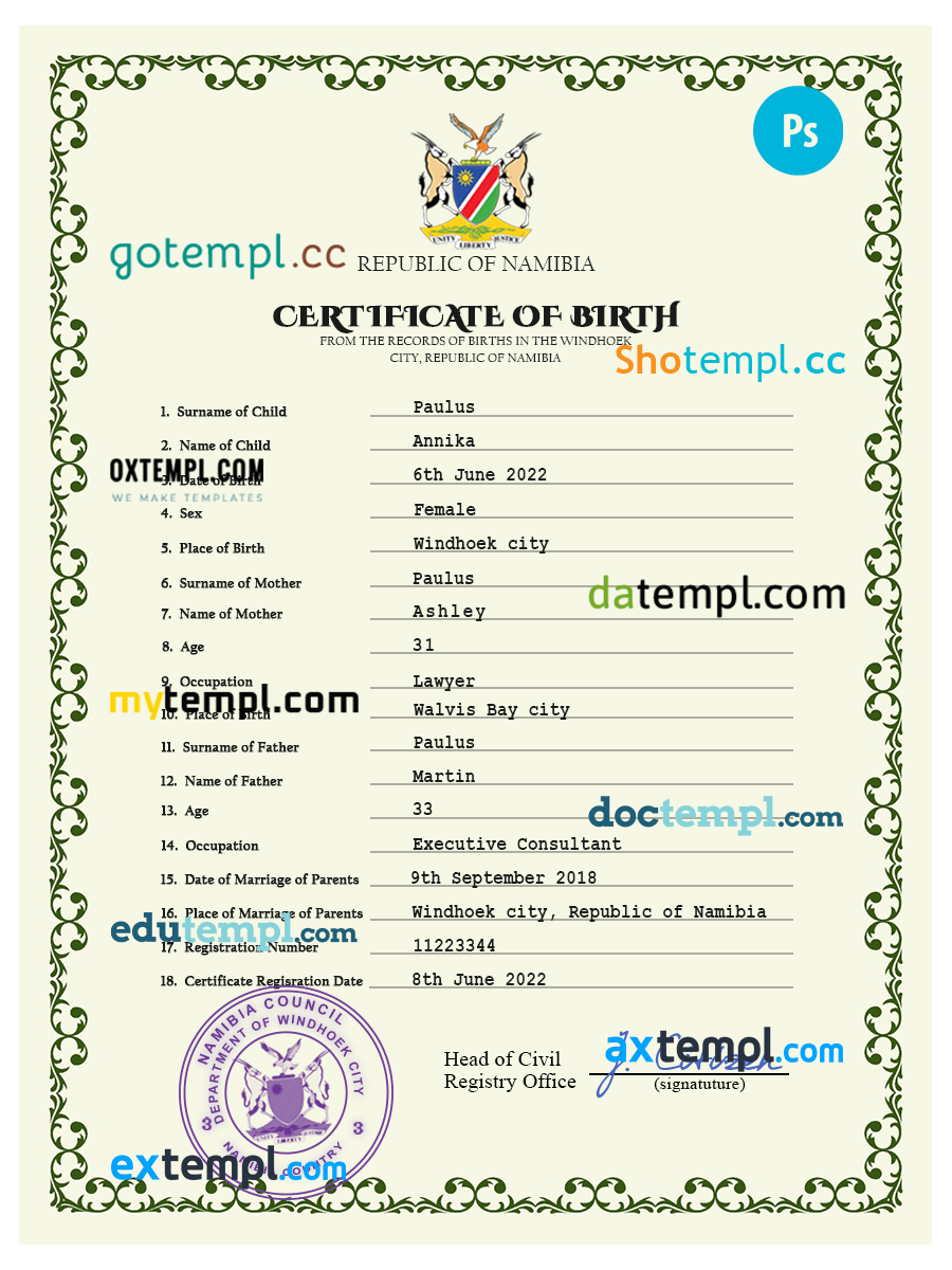 Namibia vital record birth certificate PSD fake template, fully ...