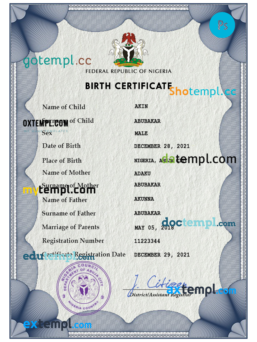 Nigeria vital record birth certificate PSD fake template, fully ...