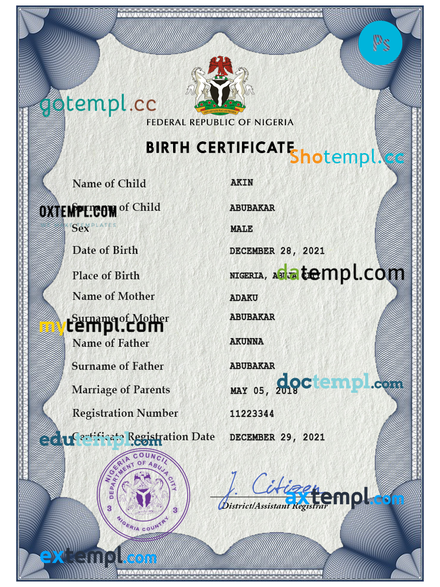 Nigeria Vital Record Birth Certificate PSD Fake Template Fully 
