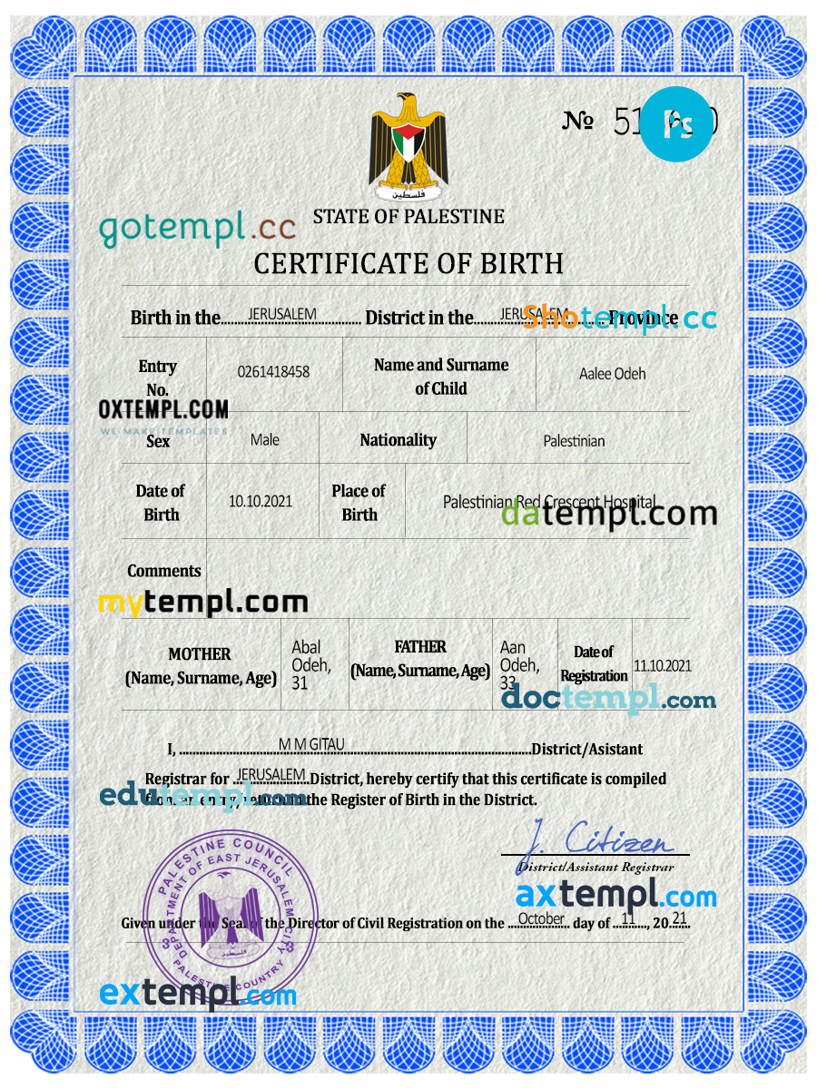 Palestine vital record birth certificate PSD fake template ...