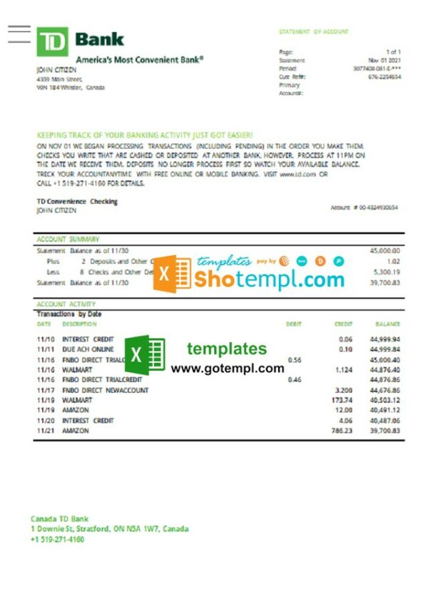 Canada TD Bank statement easy to fill fake template in Excel and PDF ...