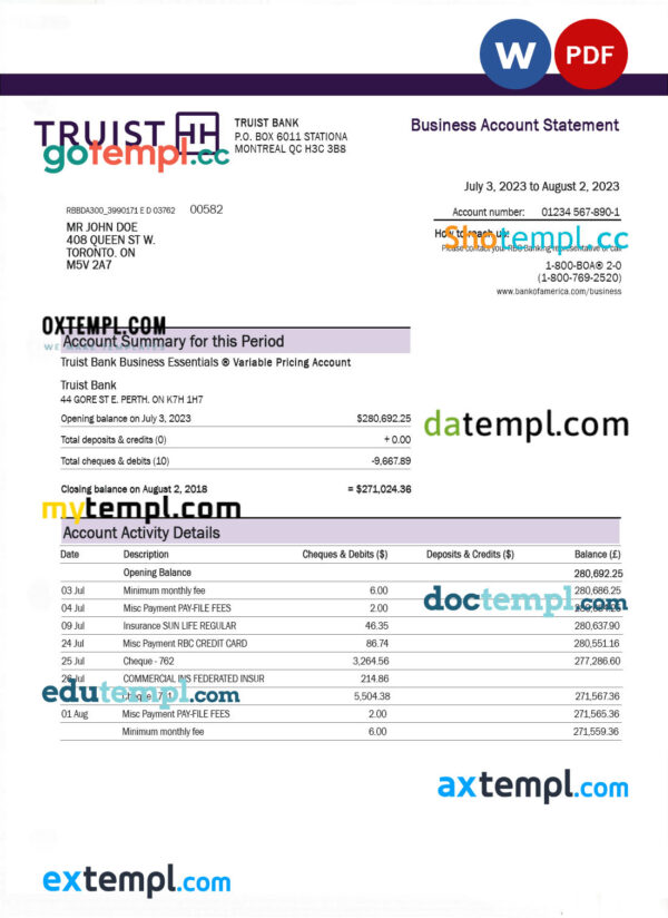 Truist Bank enterprise account statement Word and PDF fake template
