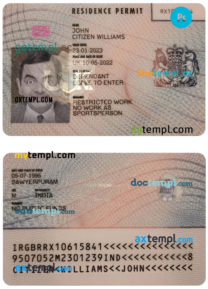 United Kingdom residence permit PSD fake template – Faketemplate.ru