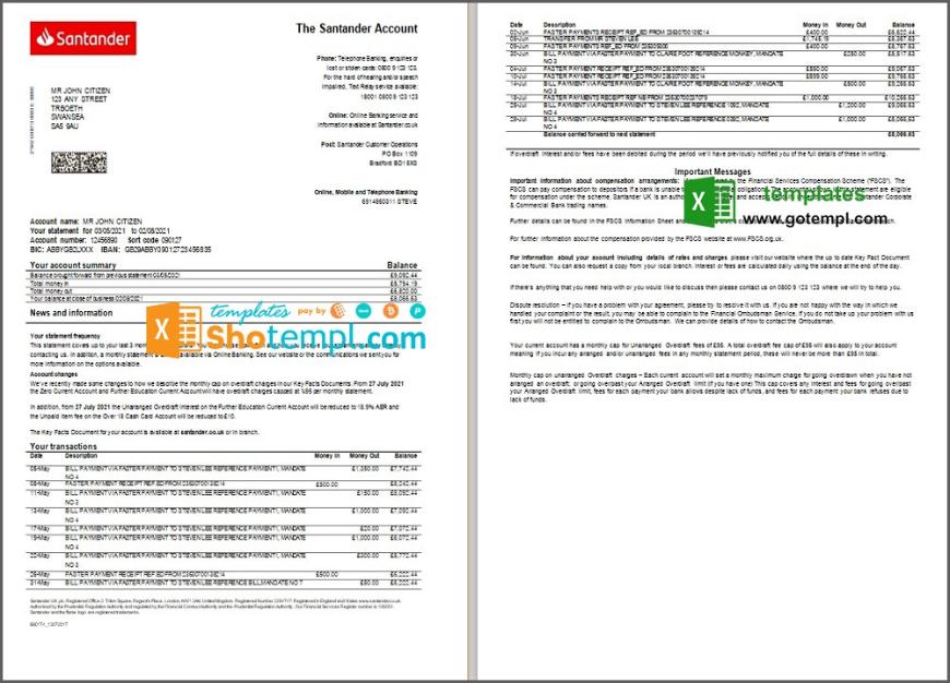 United Kingdom Santander Bank Statement Fake Template In Excel And Pdf Format 2 Pages 4033