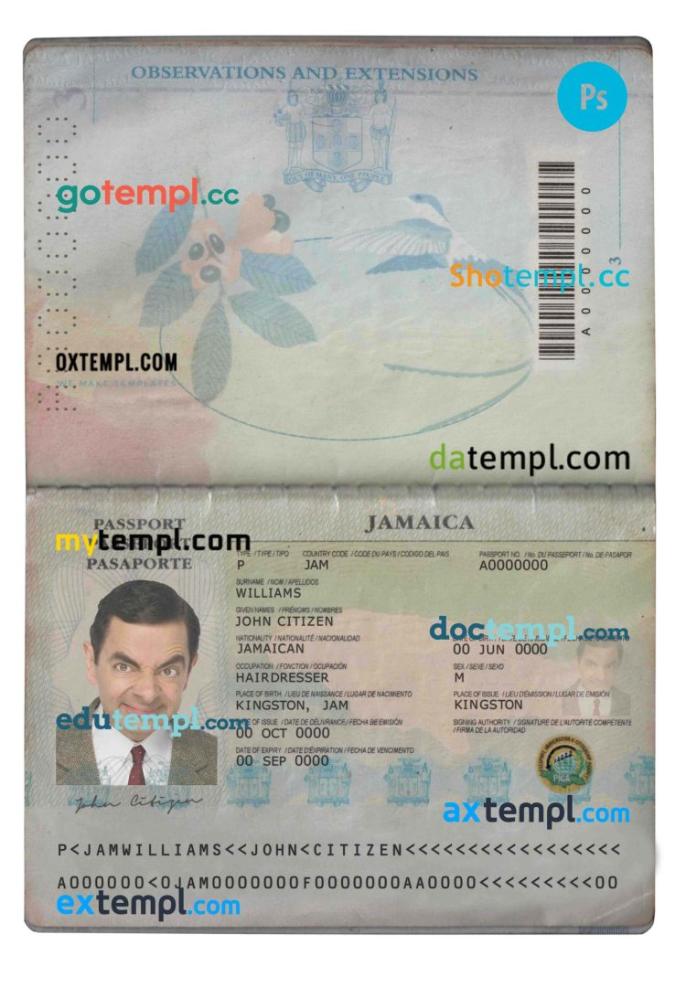 Jamaica passport editable PSD files, scan and photo look templates, 2 ...