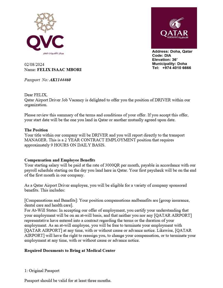 Qatar Airport Driver Job Vacancy Driver Offer Letter In Word And Pdf 