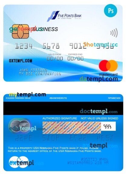 USA Nebraska Five Points Bank business mastercard template in PSD format