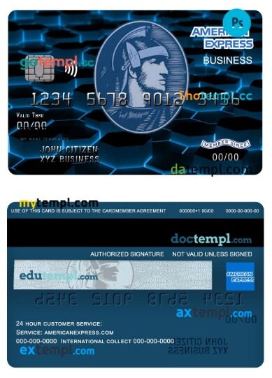 USA New York American Express Blue bank business credit card template in PSD format