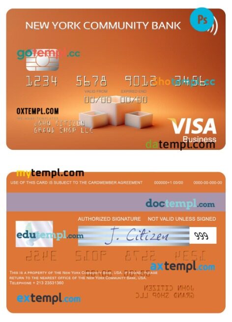 USA New York Community Bank visa business card template in PSD format