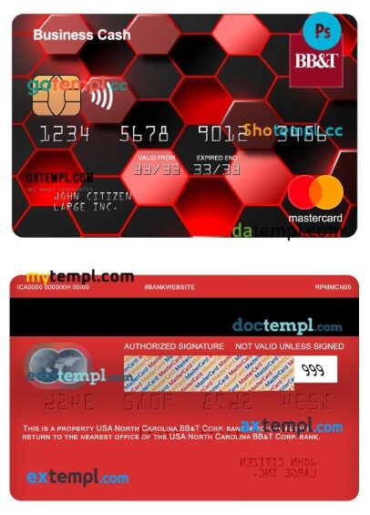USA North Carolina BB&T Corp. bank business cash mastercard template in PSD format