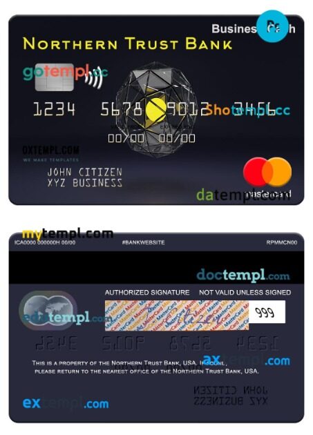 USA Northern Trust Bank business cash mastercard template in PSD format