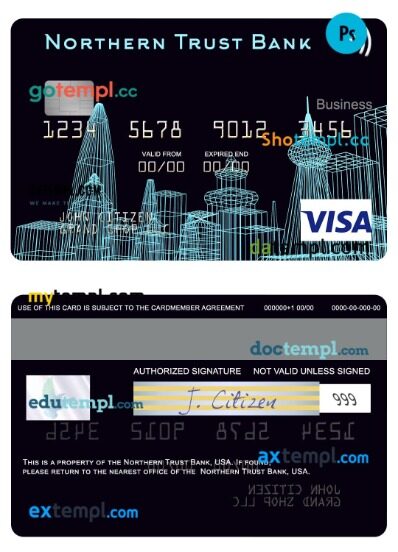 USA Northern Trust Bank visa business card template in PSD format