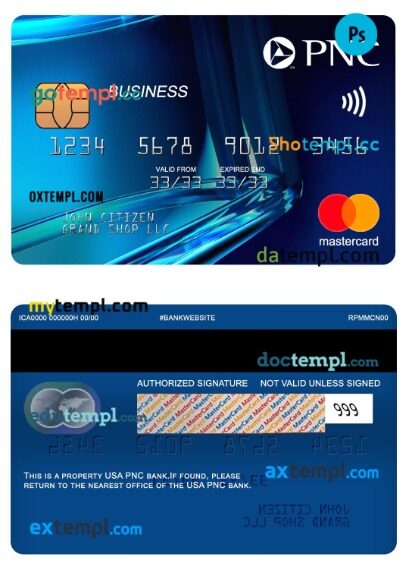 USA PNC bank business mastercard template in PSD format