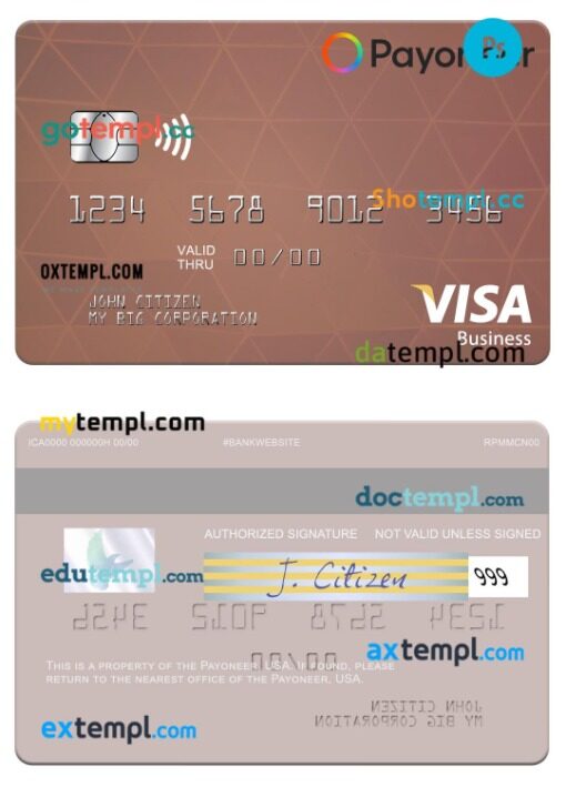 USA Payoneer visa business card template in PSD format