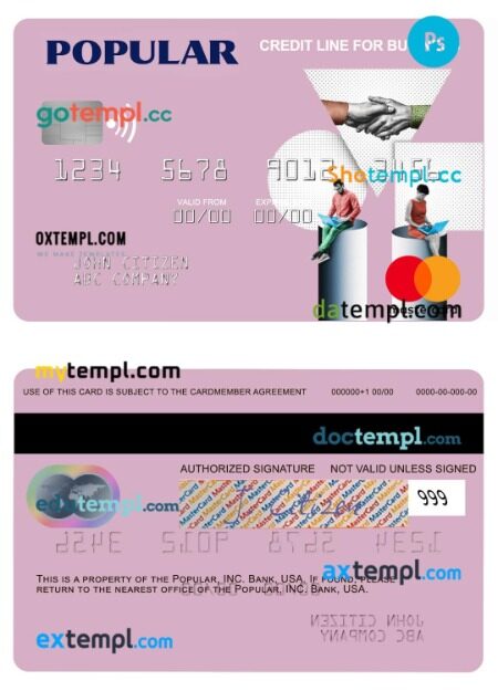 USA Popular, Inc. Bank credit line for business mastercard template in PSD format