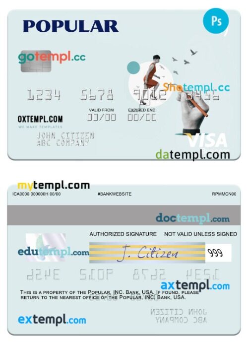 USA Popular, Inc. Bank visa business card template in PSD format