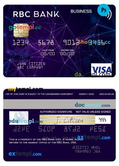 USA RBC Bank visa business card template in PSD format
