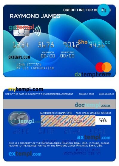 USA Raymond James Financial Bank credit line for business mastercard template in PSD format