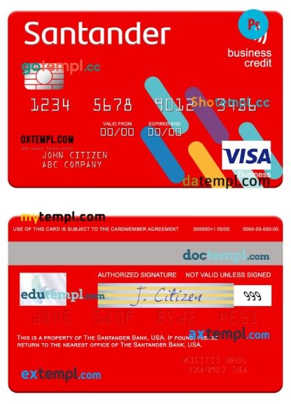 USA Santander Bank business credit visa card template in PSD format