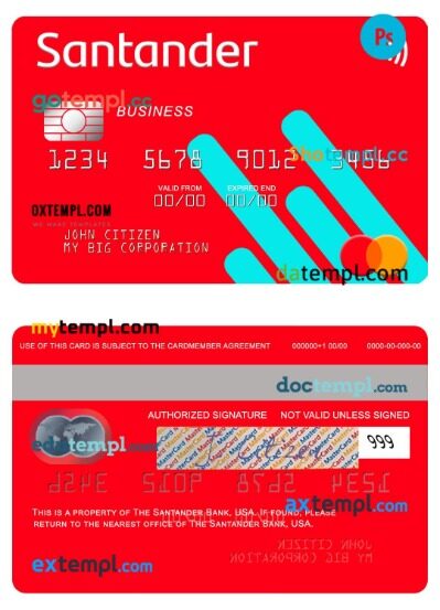 USA Santander Bank business mastercard template in PSD format