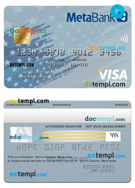 USA South Dakota Metabank visa business card template in PSD format