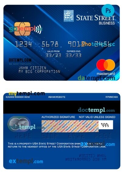 USA State Street Corporation bank business mastercard template in PSD format