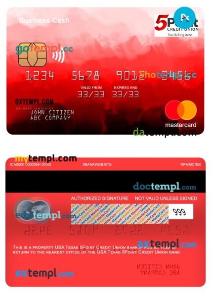 USA Texas 5Point Credit Union bank business cash mastercard template in PSD format