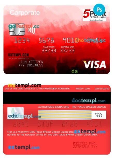 USA Texas 5Point Credit Union bank visa corporate card template in PSD format