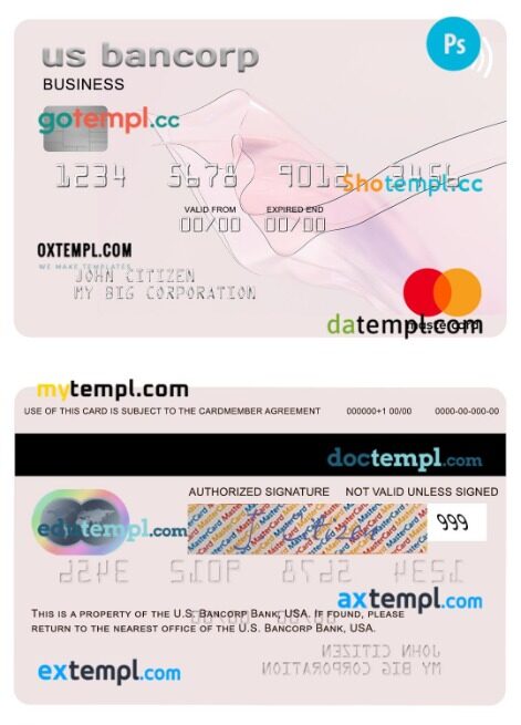 USA U.S. Bancorp Bank business mastercard template in PSD format