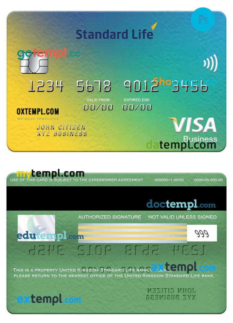 United Kingdom Standard Life bank visa business card template in PSD format