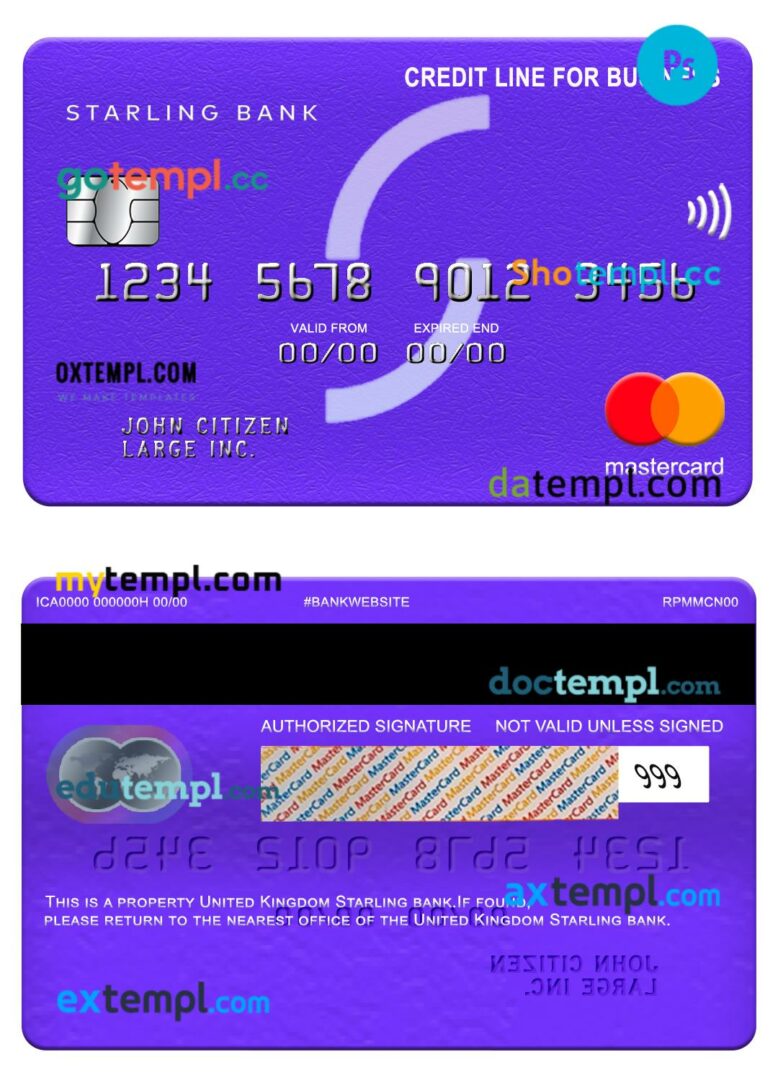 United Kingdom Starling bank credit line for business mastercard template in PSD format