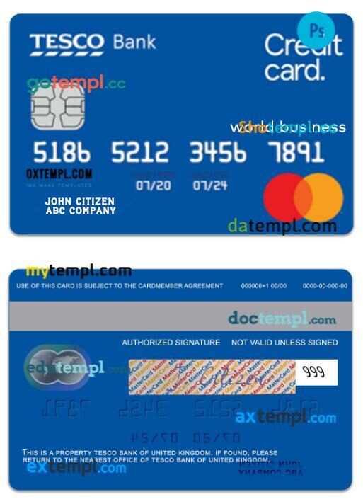 United Kingdom TESCO Bank world business credit card template in PSD format