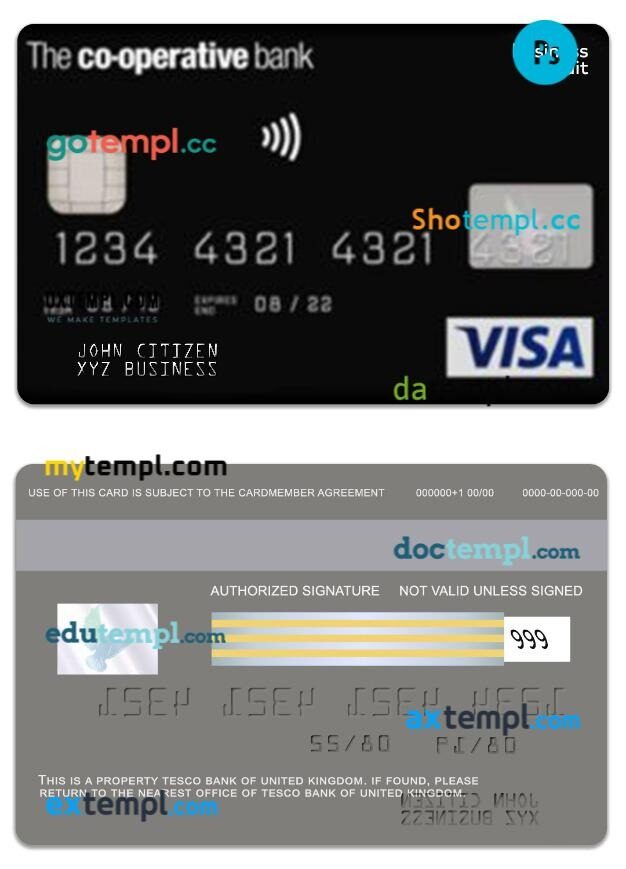 United Kingdom The Co-operative Bank business credit visa card template in PSD format