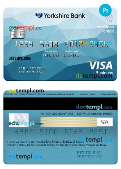 United Kingdom Yorkshire Bank visa business credit card template in PSD format