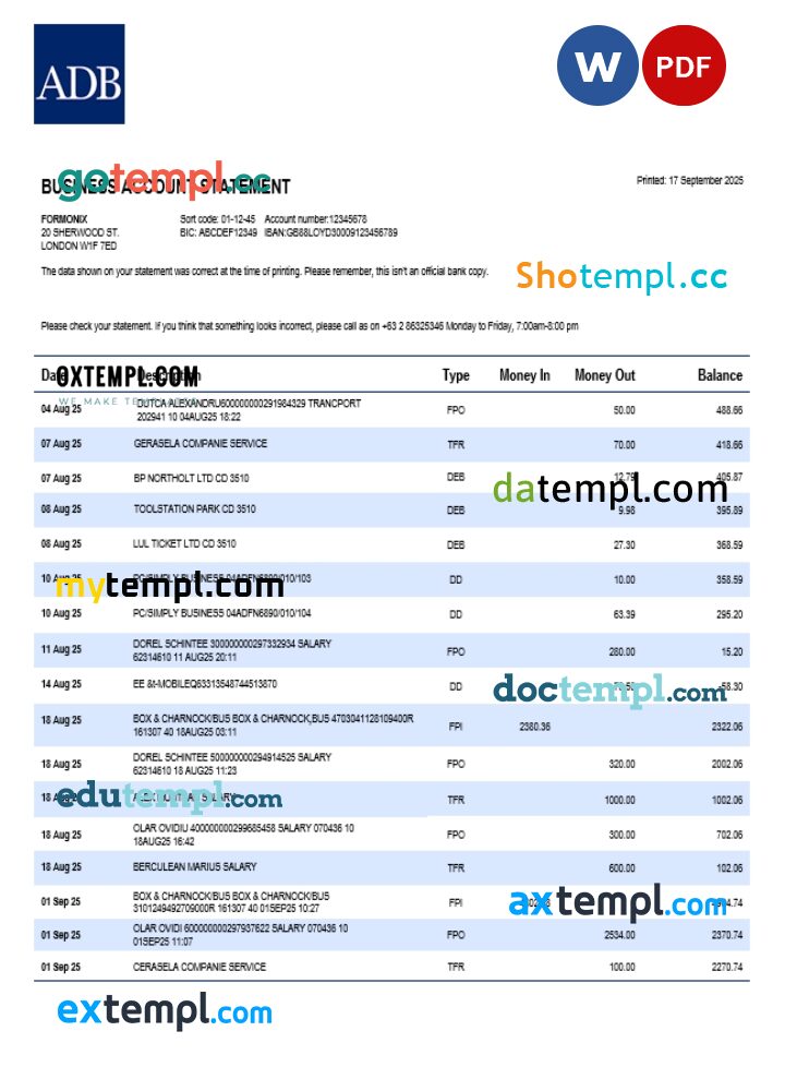 ADB firm account statement Word and PDF template