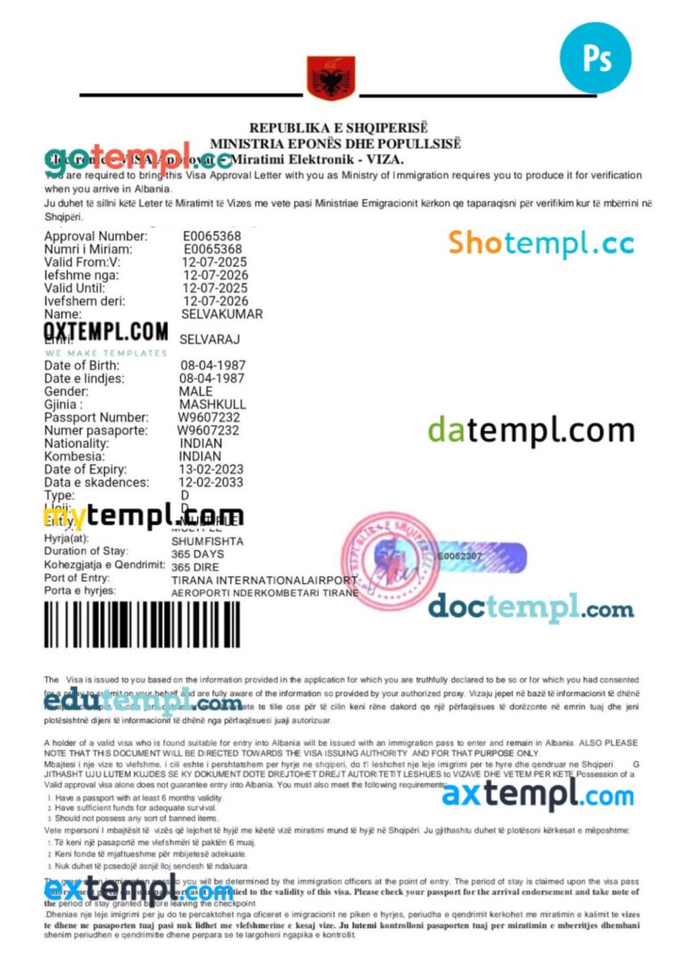 Albania work visa permit template in PSD format, 3 pages
