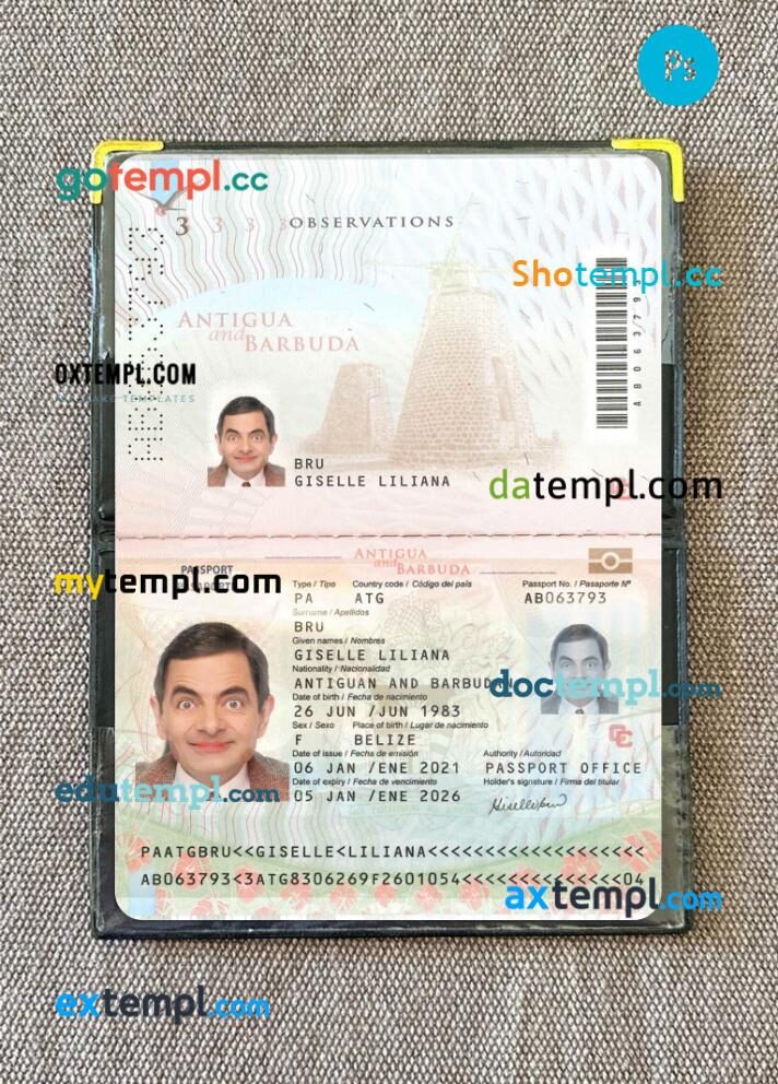 Antigua and Barbuda passport editable PSD files with address page, scan and photo-realistic look, 2021-present