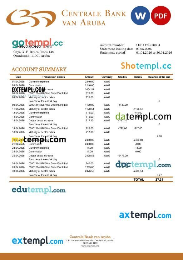 Aruba Centrale Bank van Aruba bank statement template in Word and PDF format