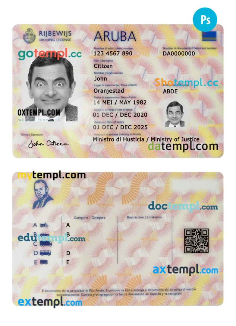 Aruba driving license PSD editable template