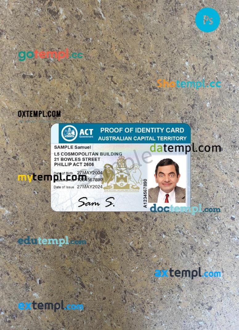Australia Capital Territory proof of ID card PSD files, scan and photo taken image, 2 in 1