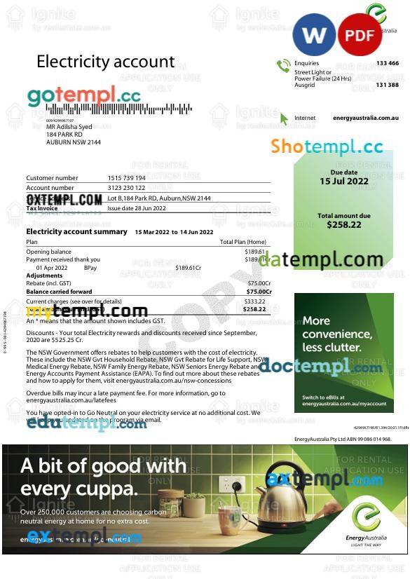Australia electricity utility bill in Word and PDF format