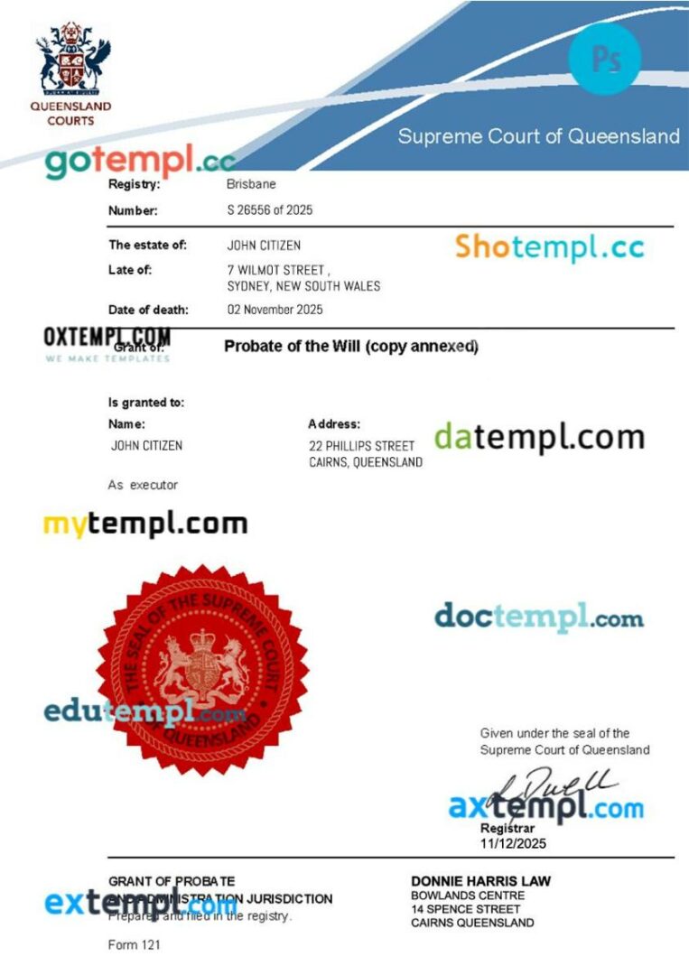 Australia Probate of the Will (Supreme Court of Queensland) template in PSD format