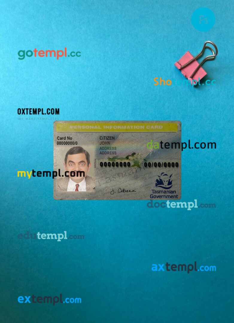 Australia Tasmania personal information card editable PSD files, scan look and photo-realistic look, 2 in 1