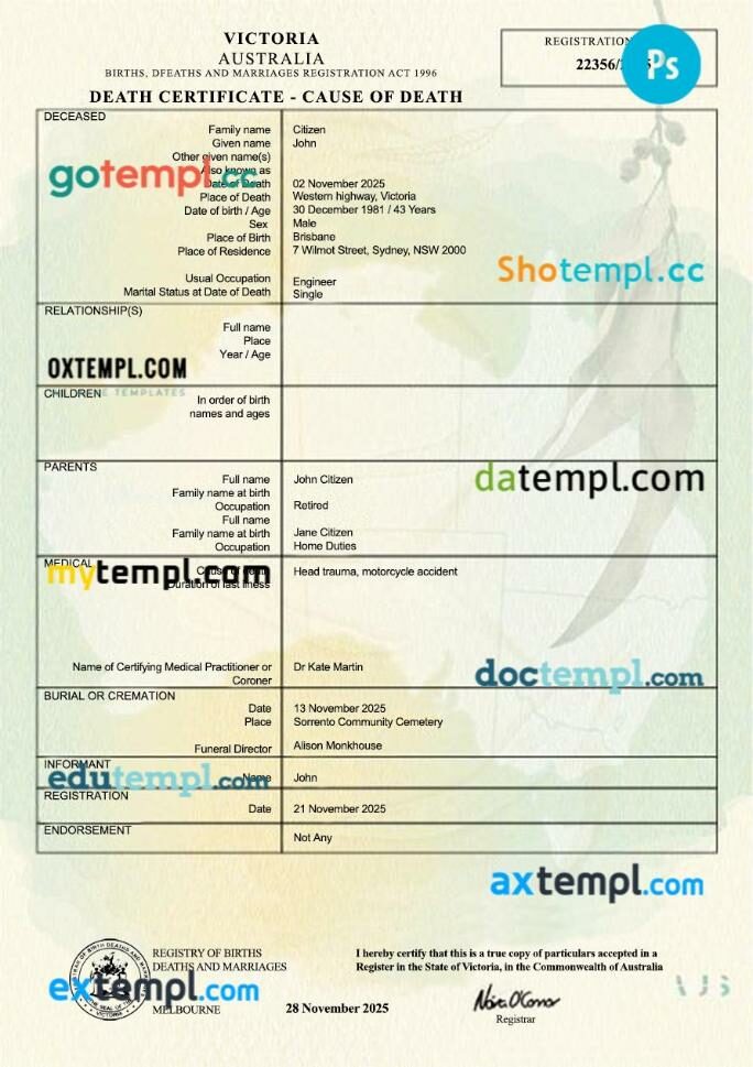Australia Victoria death certificate template in PSD format