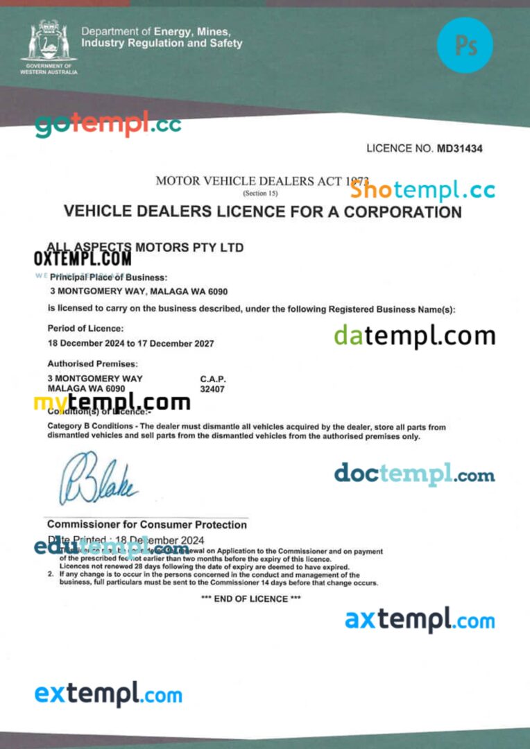 Australia car dealers license template in PSD format