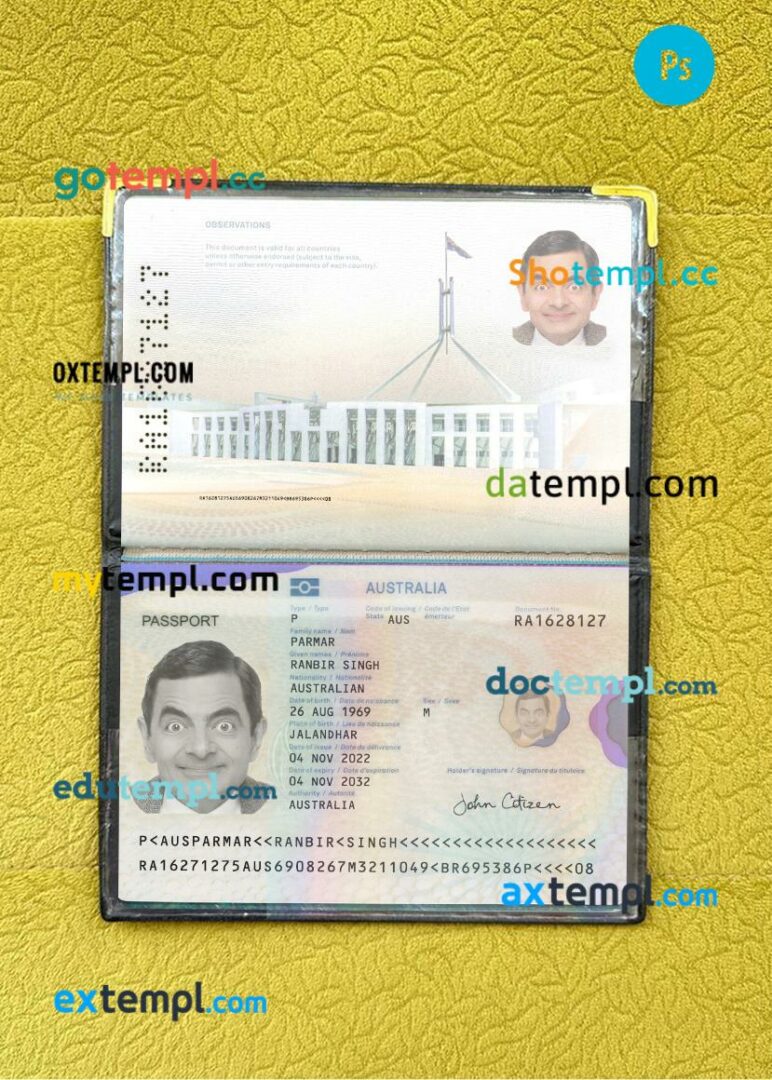 Australia passport editable PSD files with address page, scan and photo-realistic look, 2022-present