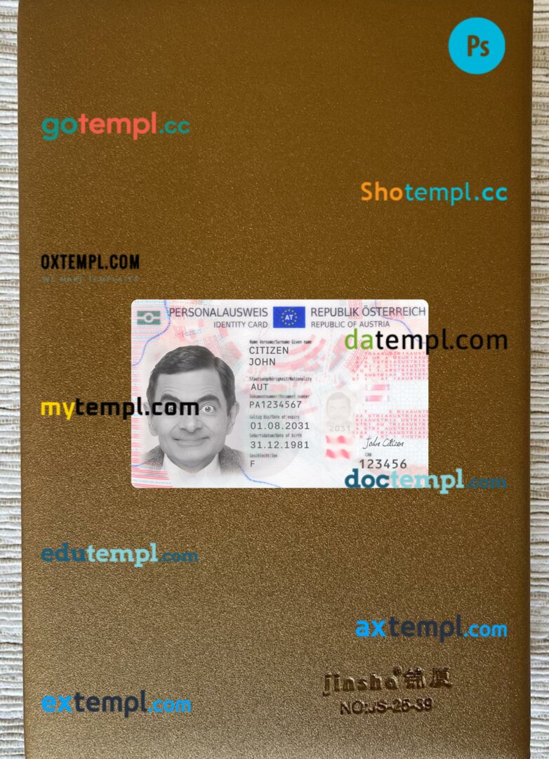 Austria ID editable PSD files, scan look and photo-realistic look, 2 in 1, 2021-present