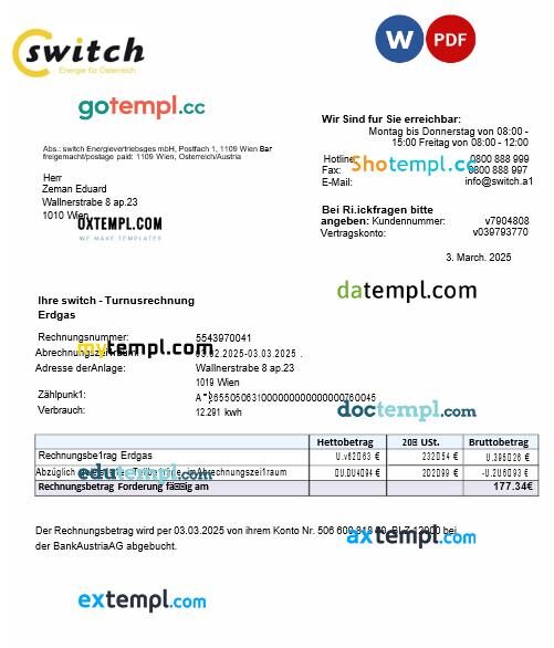 Austria Switch Energievertriebsges m.b.H. gas utility bill in Word and PDF format