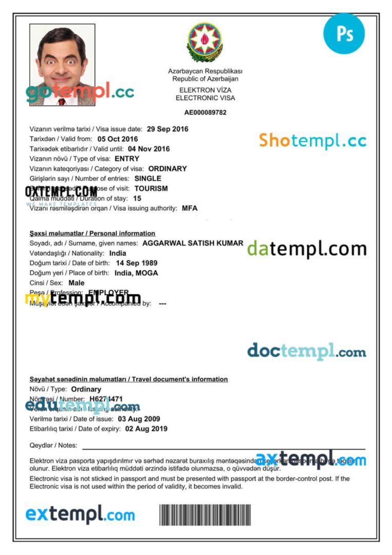 Azerbaijan work visa permit template in PSD format